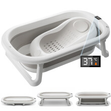 DEANIC Baby Bath Tub with Thermometer, Foldable Baby Bath with Bath Support Seat, Portable Bathtub for 0-18 Months Newborn (Light Grey)