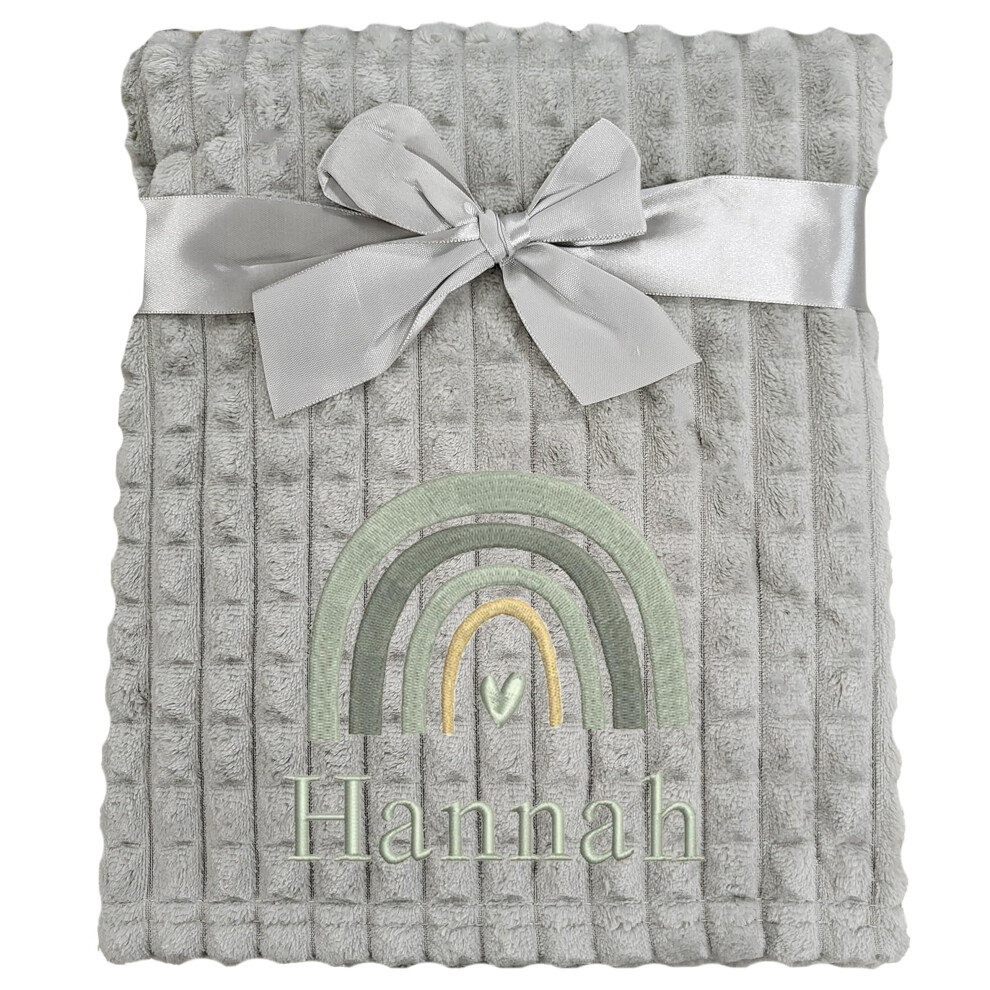 Personalised Baby Blanket Embroidered Rainbow & Name Soft Fleece Wrap ( Rainbow Squares) Grey The Baby Box Uk