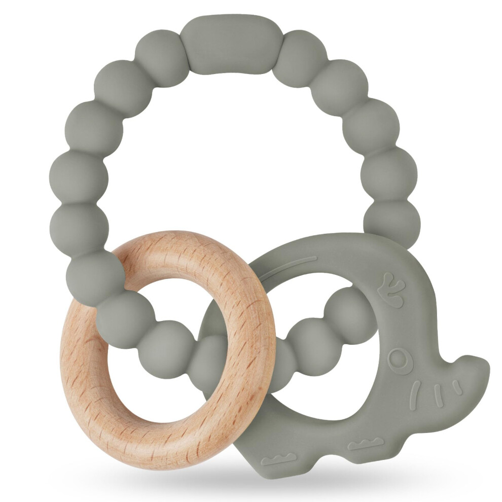 Vicloon Silicone And Wood Teething Toys - Easy To Hold And Clean Up, Octopus Teether For Boys & Girls (Green-Grey)
