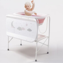Multifunctional Baby Bathtub 5 in 1: Foldable with Stand, Changing Mat, Organizer Trays, Drain with Tube and Shower Holder (Standard Pink)