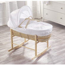 ELEGANT BABY White Teddy Wash Day Palm Moses Basket with Chester Rocking Stand Natural, Adjustable Hood, Fibre Mattress & Padded Liner