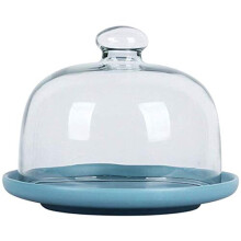 Ceramic Cake Stand with Glass Dome, Elegant Blue Round Tray for Display and Preservation