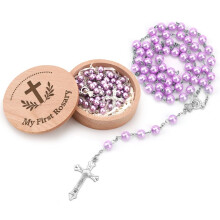 FIDWALL My First Rosary with Keepsake Box – Baptism & Baby Shower for Girls and Boys | Catholic Holy First Communion Christian Prayer Beads (Purple)