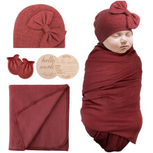 AQOKKA Newborn Receiving Blanket with Bow Hat Mittens Wooden Card Set Newborns Toddler Baby Boy Girl Nursery Swaddle Wrap