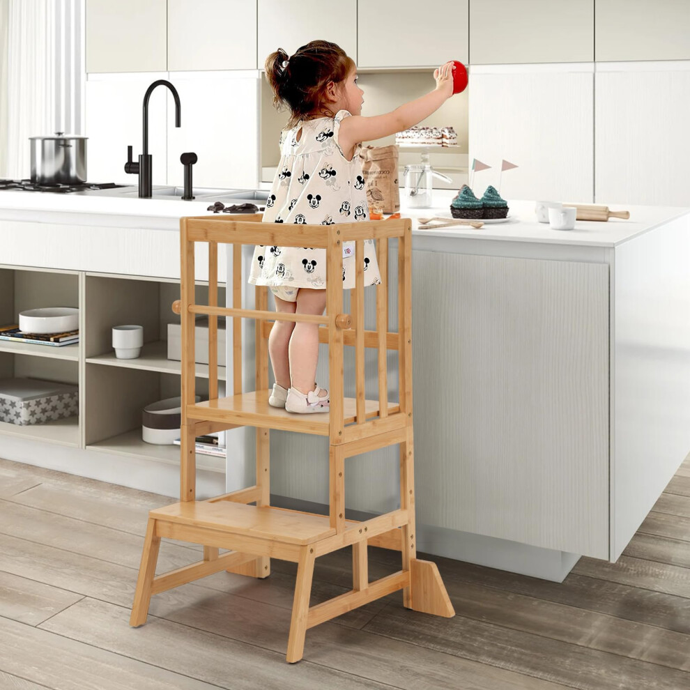 Cosyland Height Adjustable Step Stool For Kids – Solid Bamboo Stool For Kitchen Counter Island, Durable & Safe (Wood)