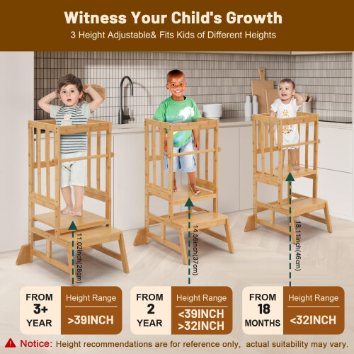 COSYLAND Height Adjustable Step Stool for Kids – Solid Bamboo Stool for Kitchen Counter Island, Durable & Safe (Wood) 1