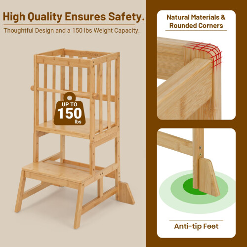 COSYLAND Height Adjustable Step Stool for Kids – Solid Bamboo Stool for Kitchen Counter Island, Durable & Safe (Wood) 2