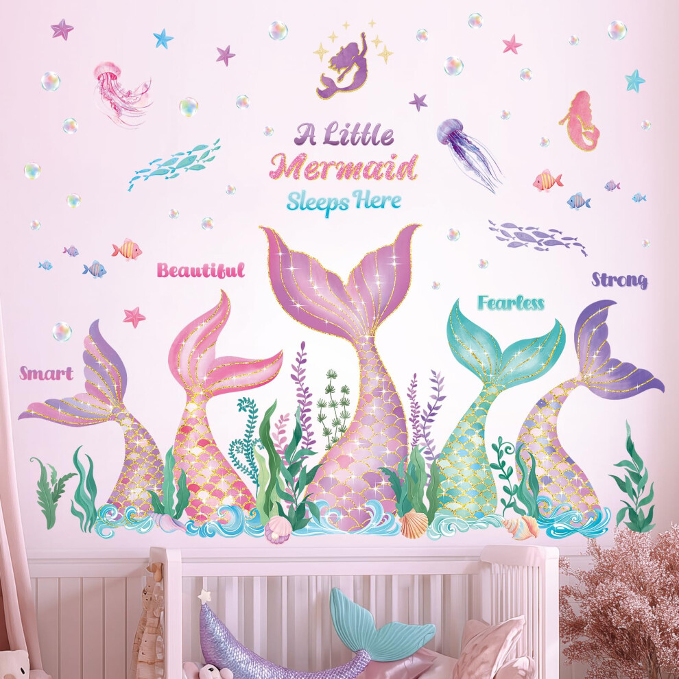 Mermaid Wall Stickers Under The Sea Wall Decals Bubble Seaweed Peel And Stick For Girls Bedroom Baby Nursery Bathroom Decor (Sg2-2505) Decowall