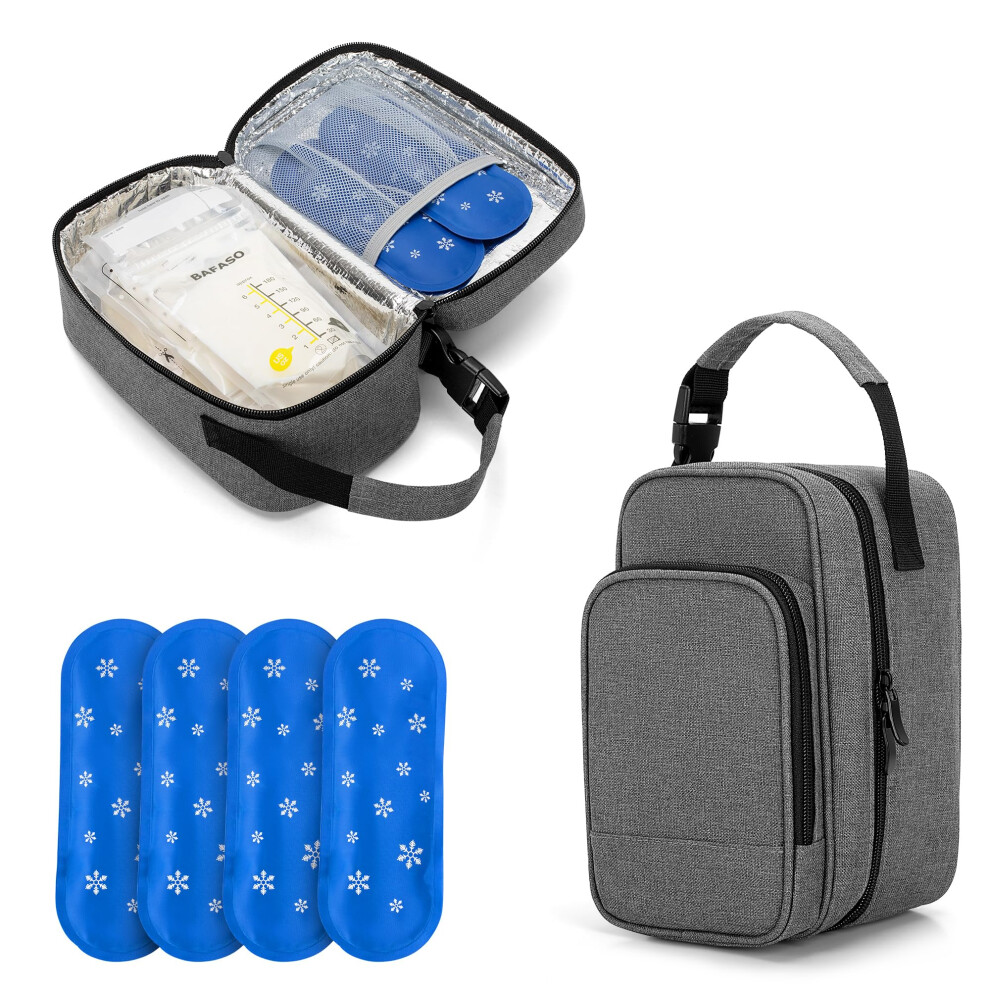 Insulated Breastmilk Cooler Bag With 4 Gel Ice Packs, Breastmilk Cooler Fits 6 Bags Of Breastmilk, Grey Bafaso