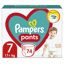 Pampers Pants Diapers Size 7 (17+ kg), 74 Pieces Diapers with Pouch Stop & Protect Anti Leak Back