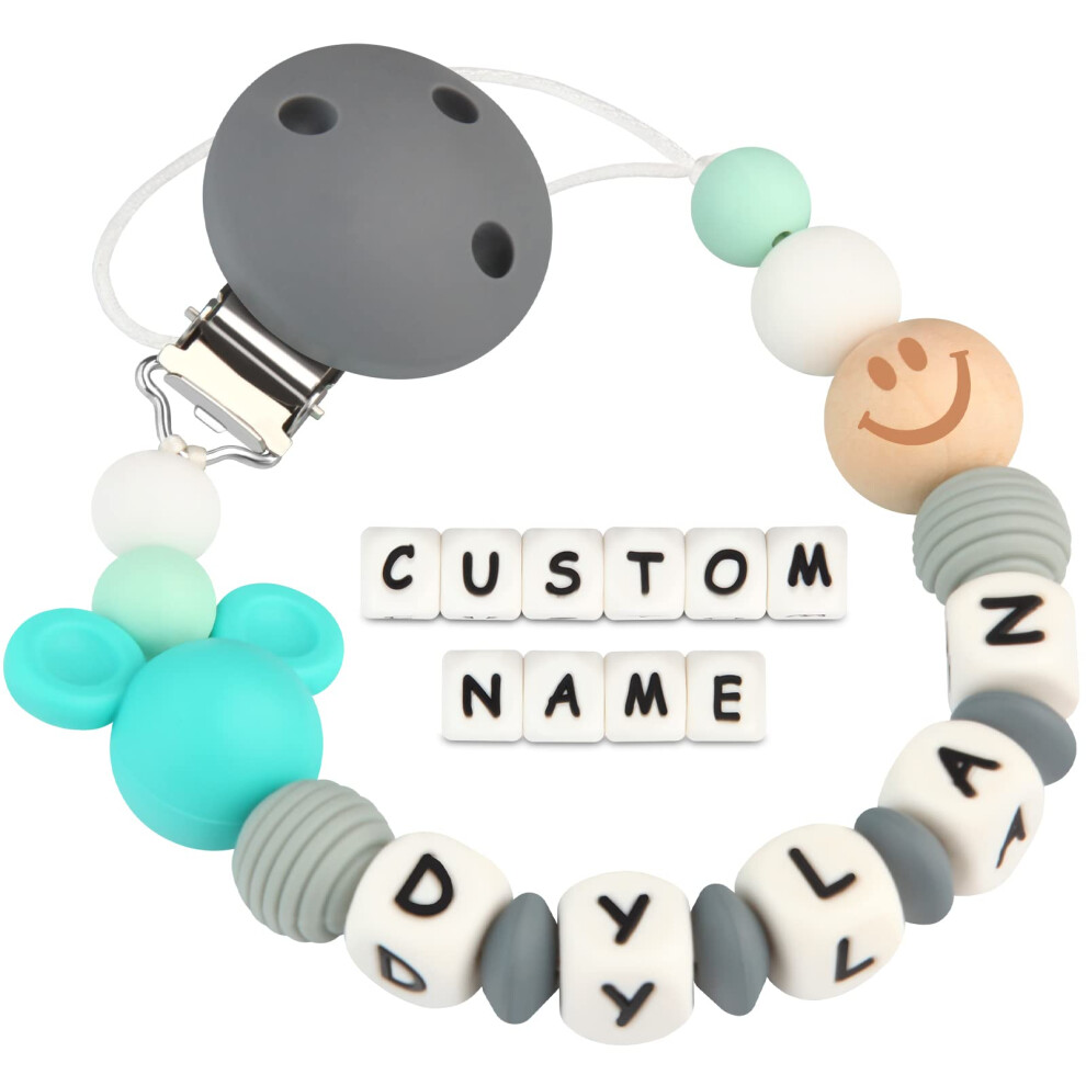 Kowlone Dummy Clips Personalised Name For Boys Girls Soother Chain Mouse Customized Pacifier Holder(Grey)