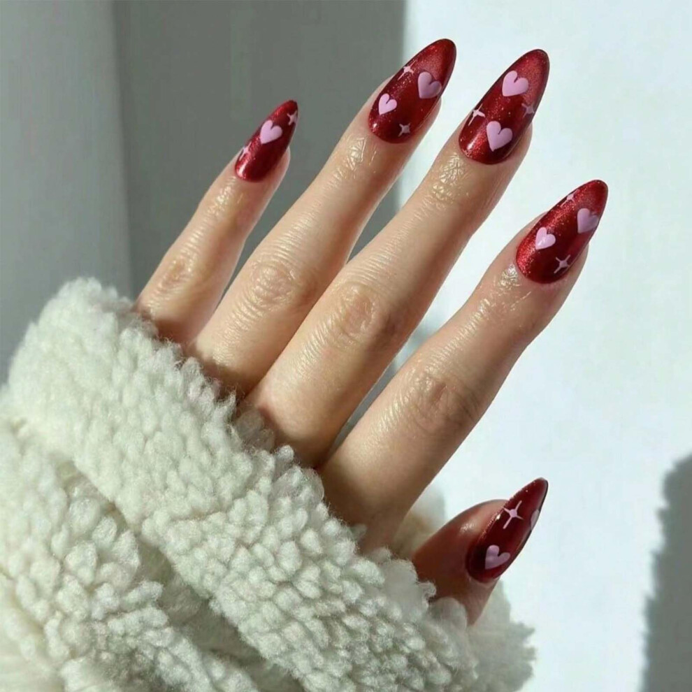 Red Medium Almond Press On Nails Kit With Glue Glitter Reusable Fake Nails Set 24Pcs