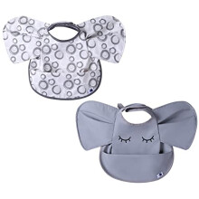 SYVOFOX 2 Pack Baby Weaning Bibs with Food Catcher Pocket, Wipe Clean Toddler Apron Smock Bibs (Elephant Grey)