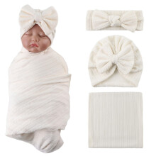 MniJiza Newborn Swaddle Blanket Baby Girls Receiving Blankets with Headband Beanie Hat Set Soft Nursery Swaddle Wrap (Beige)