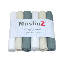 MuslinZ 6 pack Muslin Squares Baby Burp Cloths 70x70cms Perfect for Newborns, multi-use, Oeko-Tex standard 100, UK brand. (Aqua Neutrals)