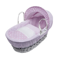 ELEGANT BABY Palm Moses Basket with Full Bedding Set, Adjustable Hood, Fibre Mattress & Padded Liner (Pink Spots & Stripes Wicker)