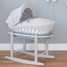 Cuddles Collection Moses Basket with Wicker Base & Grey Rocking Stand – Grey Waffle & Mattress | Newborn Baby Bassinet Crib Bed Set