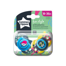 Tommee Tippee Fun Style Soothers, Symmetrical Orthodontic Design, BPA-Free Silicone, 18-36m, Pack of 2 Dummies, Colours May Vary
