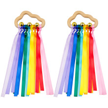 2pcs Rainbow Wooden Ribbon Ring Toys, Teether Sensory Toy, Cloud Shaped Teether with Ribbons Molar Wooden Circle for 3-18 Months Toddler Boys Girls