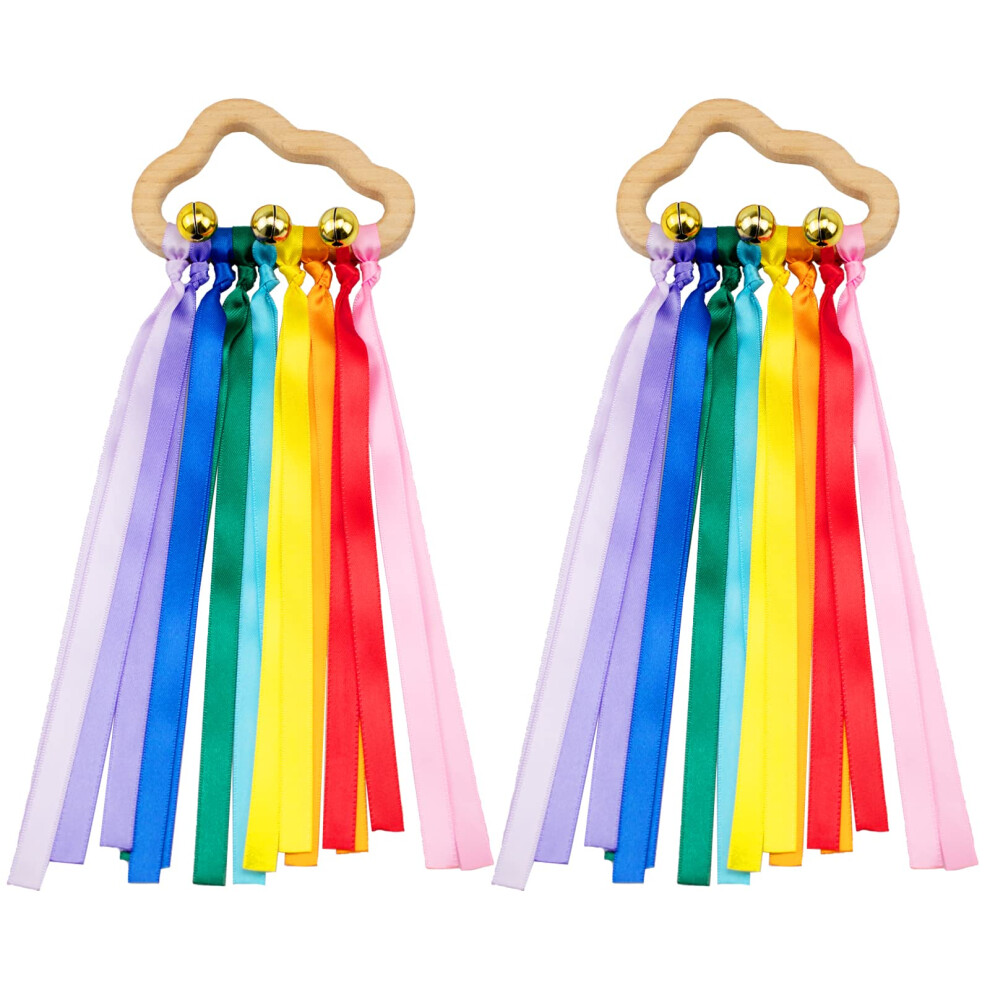 Owdenuy 2Pcs Rainbow Wooden Ribbon Ring Toys, Teether Sensory Toy, Cloud Shaped Teether With Ribbons Molar Wooden Circle For 3-18 Months Toddler Boys Girls