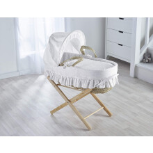 ELEGANT BABY Broderie Anglaise White Palm Moses Basket with Natural Folding Stand, Adjustable Hood, Fibre Mattress & Padded Liner