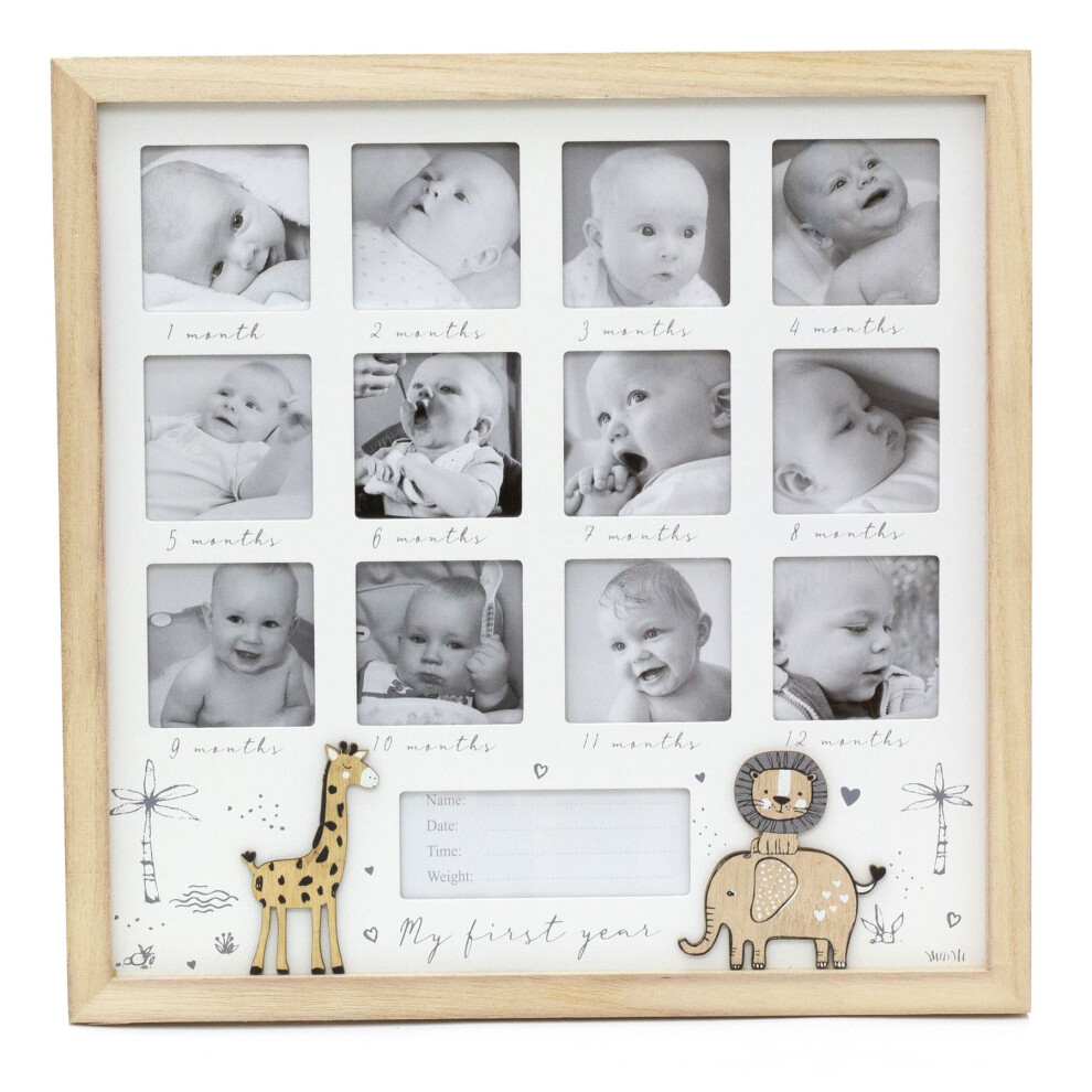 Carousel Home My First Year Keepsake Baby Photo Frame | Wooden Wall Mounted Newborn Baby Picture Frame | 12 Aperture New Baby Memories Photo Frame