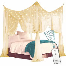 Four Corner Bed Canopy with Remote LED Lights, Beige, Fits Full Queen King, Elegant Bedroom Upgrade