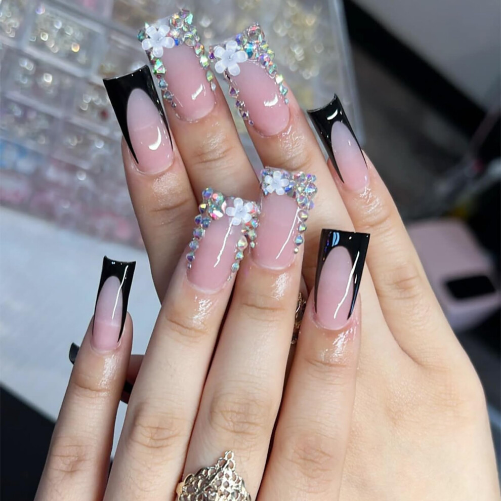 Long Press On Nails with Glue, Reusable Fake Nails Set for Women, 24pcs Duckbill Artificial Tips
