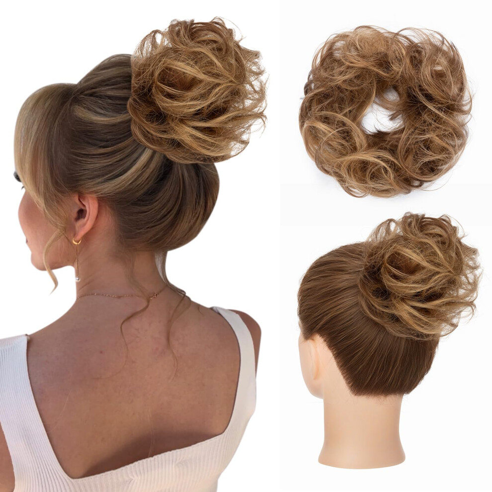 Human Hair Bun Extension with Elastic Band, Real Messy Chignon Hair Piece for Women, Medium Brown Highlights