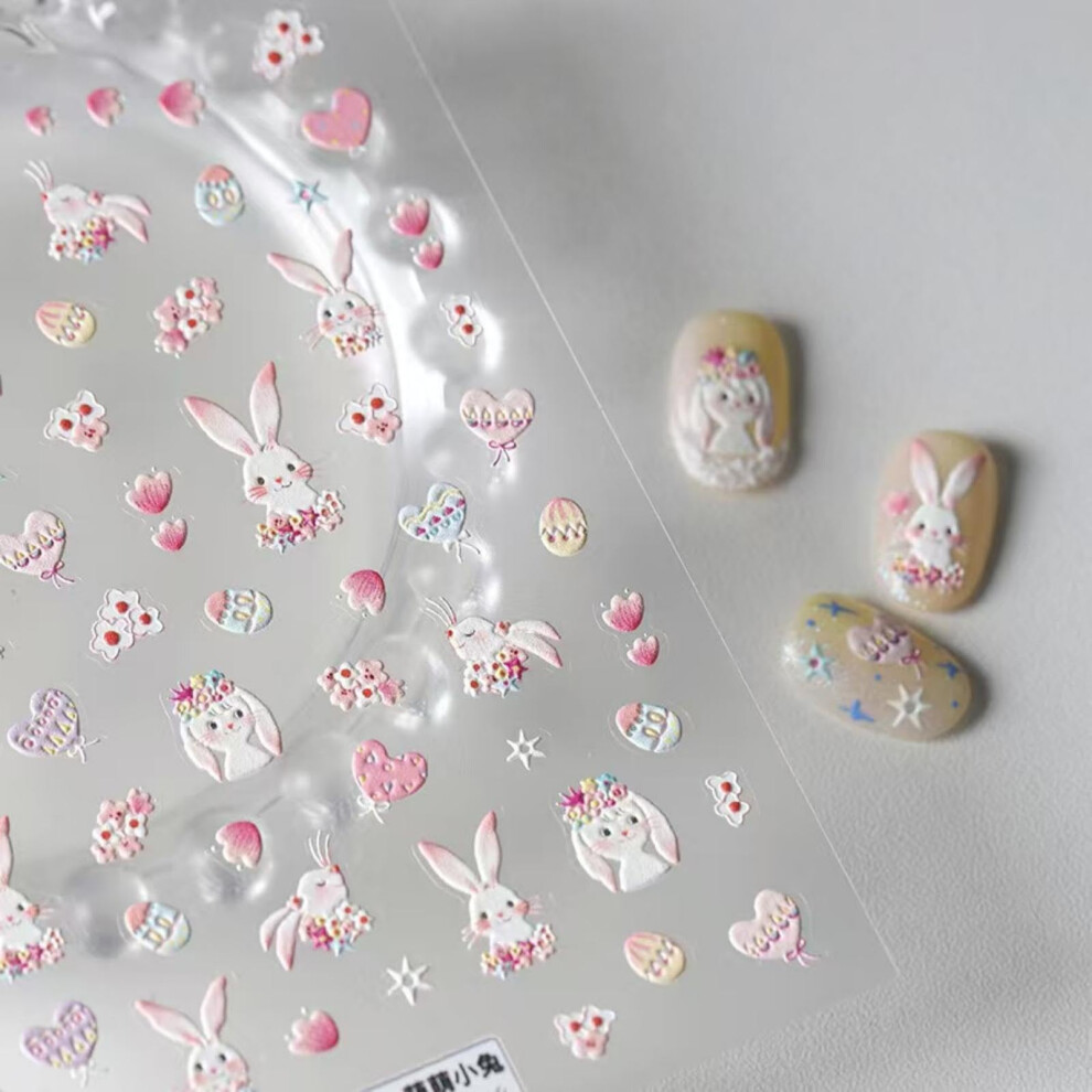 Pink Rabbit Nail Art Stickers 5D Embossed Decals Selfadhesive Easter Cartoon Designs For Manicure