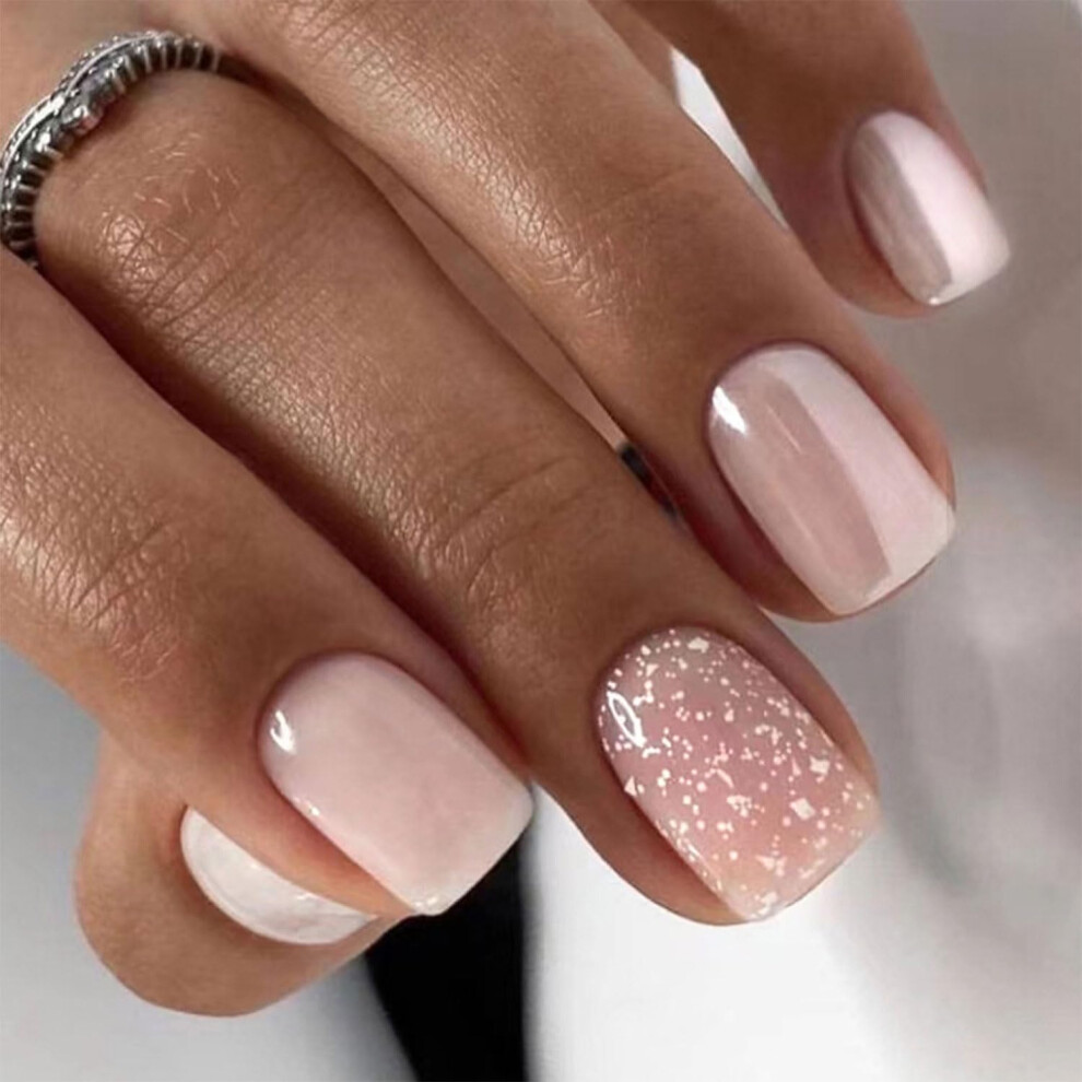 Cream Short Square Press On Nails Nude Gradient Fake Nails With Glitter, Reusable Acrylic Nail Kit 24Pcs