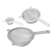 Tala Kitchen Sieve Set, Plastic Handle Straining Sieves Measuring 8cm, 15cm and 18cm with stablising Hooks, Fine Stainless Steel which is Perfect for
