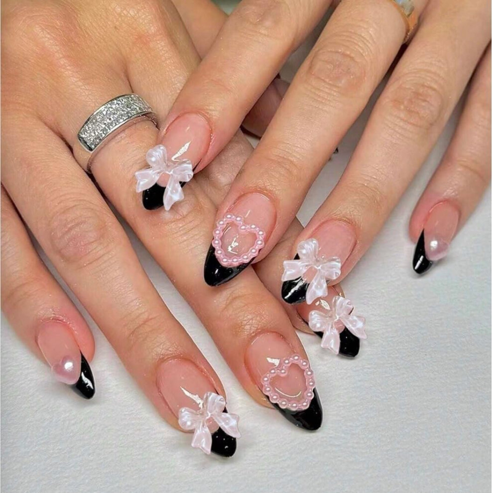 Almond Press On Nails with Heart and Bow Valentine's Day Fake Nails Set 24pcs Pink Romantic Design