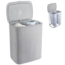 90L Large Laundry Basket with Lid, 2 Removable & Machine Washable Sorting Bags Foldable Clothes Hamper Organiser for Home, Dorm, Travel (Grey)