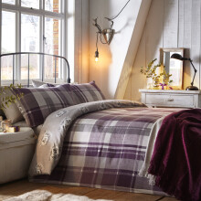 Dreams & Drapes Colville Check-100 Percent Brushed Duvet Cover Set, 100 Percent Cotton, Plum, King Bed