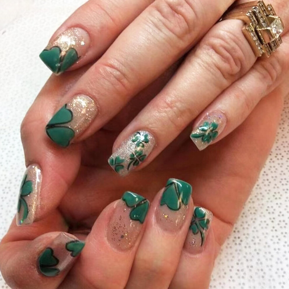 Green St. Patrick's Day Press On Nails Clover Coffin Shape Acrylic Fake Nails 24Pcs Reusable Kit