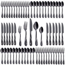 Seeshine Black Cutlery Set for 12 People, 60 Piece Stainless Steel Flatware Set, Shiny Black Metal Silverware Including Fork, Knife and Spoon, Dishwa