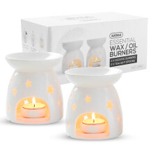 Anbar Star Flower Pattern Ceramic Oil Burner with Tealight Holder & Candle, 90ml Bowl, Glazed Finish, Aromatherapy Wax Warmer Diffuser, Bedroom Decor