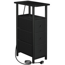 LOAKEKEL Slim Bedside Table with Charging Station, Narrow Side Table with 3 Fabric Drawers, Small End Table with Open Storage Shelf, Nightstand for S