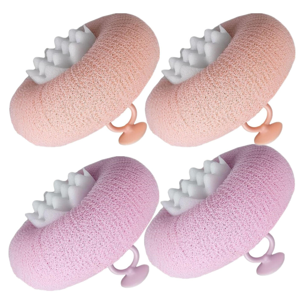 Sunflower Bath Sponge Set 4 Pack, 2in1 Shower Loofah with Handle for Gentle Skin Exfoliation