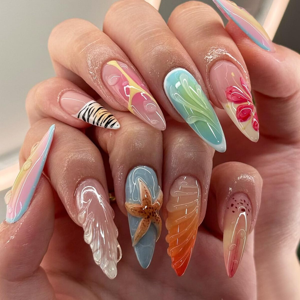 Press On Nails Bold Swirled Pattern Reusable Long Lasting Fake Nails for Summer Holiday