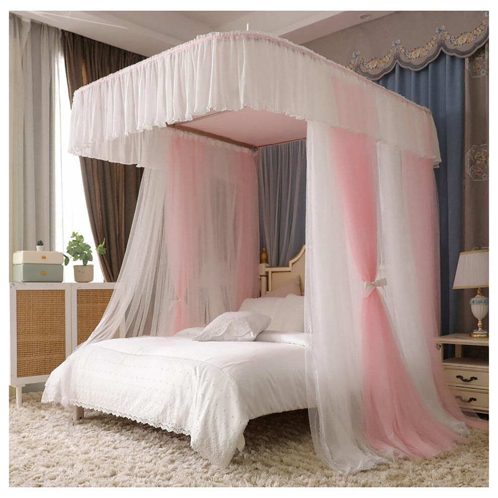 Mosquito Net Bed Canopy King Size With Doublelayer Insect Protection And Adjustable Ushaped Rail Pink