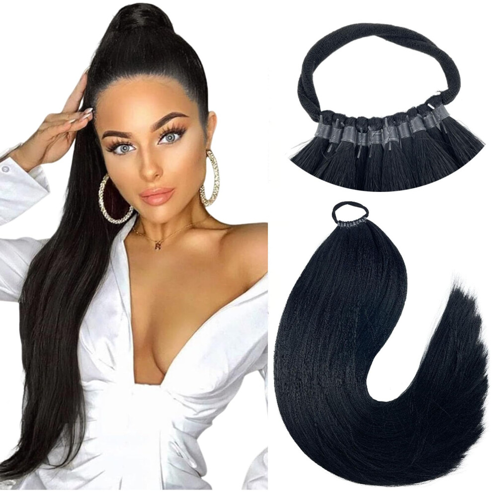 24 Inch Yaki Straight Ponytail Hair Extension Wrap Around Synthetic Volumizing Style for Women Black