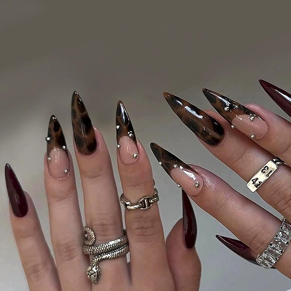 Brown Long Stiletto Press On Nails Leopard French Tip Acrylic False Nails With Rhinestones 24Pcs