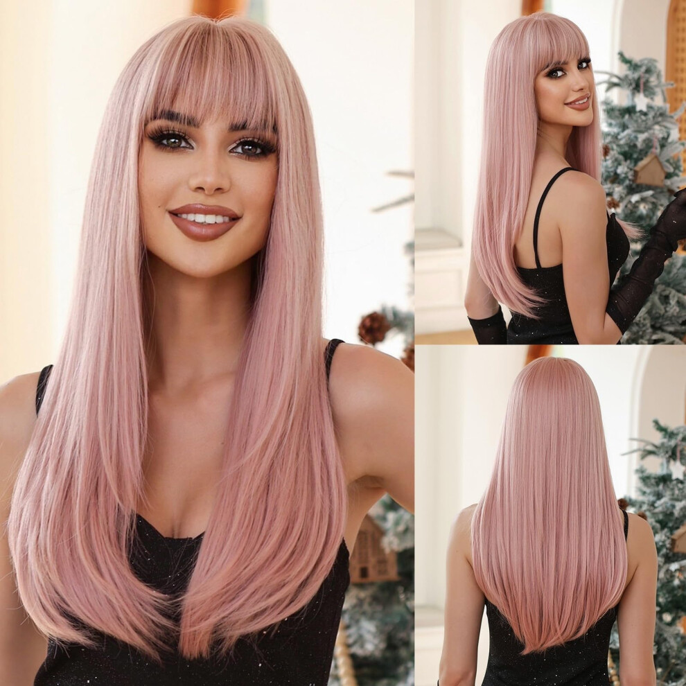 Unisex Pink,Grey Lace Front Wig With Bangs Heat Resistant Long Straight Gradient Grey Synthetic Hair Light Pink