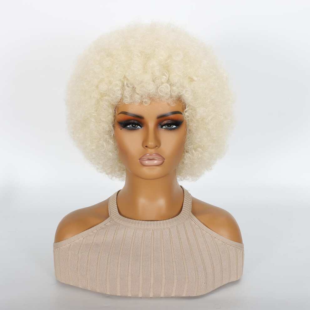 Unisex Black 613 Blonde Synthetic Afro Wig With Bangs, Natural Kinky Curly Texture For Women, 70S Style