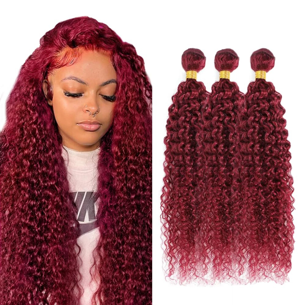 Unisex Red 99J Burgundy Kinky Curly Human Hair Bundles 26 28 30 Inch Virgin Remy Brazilian Weave