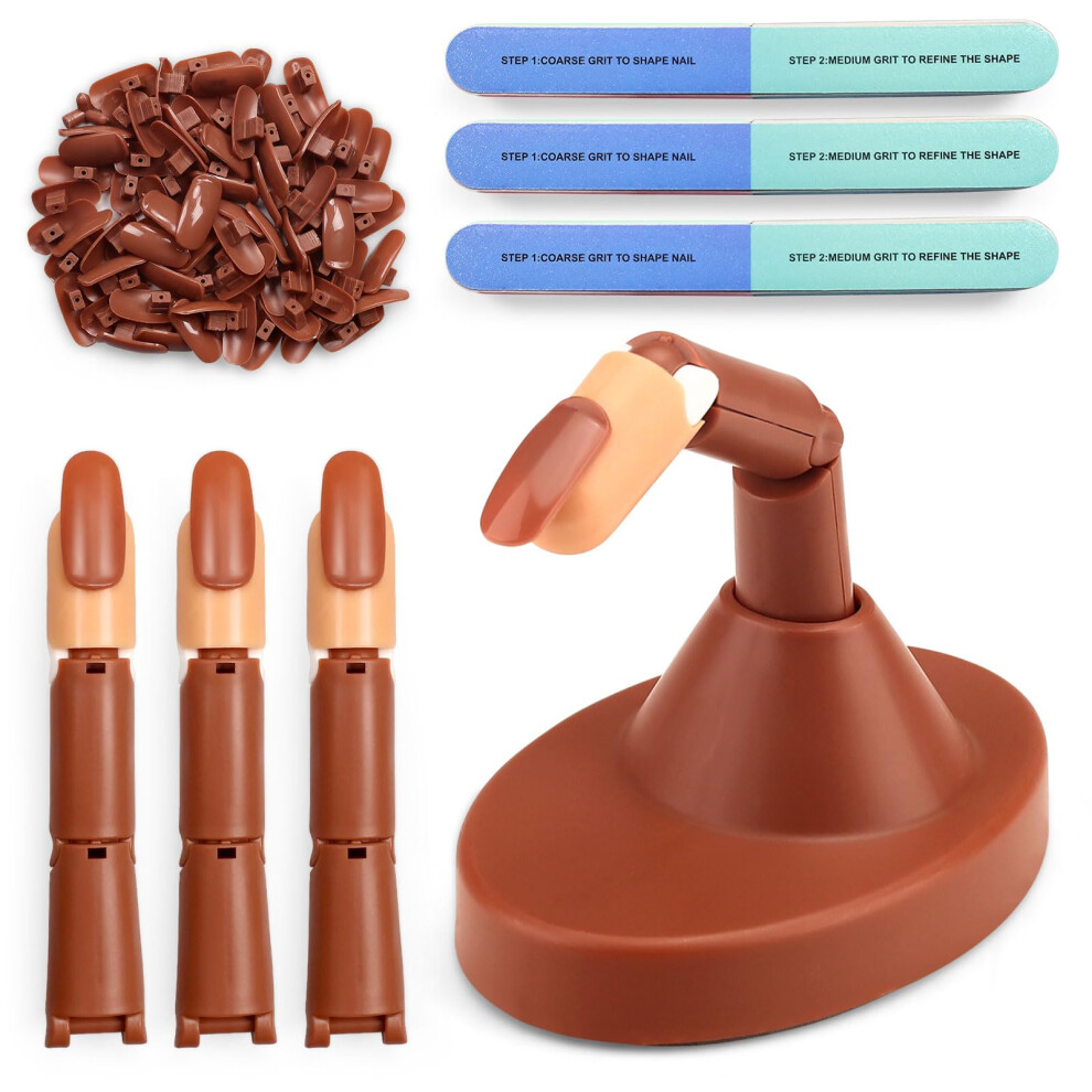 Brown Nail Practice Finger Kit With Adjustable Flexible Fake Fingers, 80 Tips And Buffing Blocks,