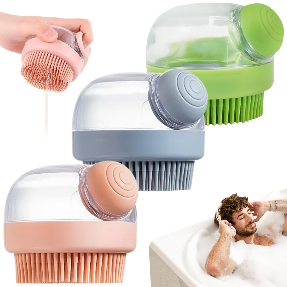 Light/Pink Shower Massage Brush With Shampoo Dispenser, Threeinone Dual Bristle For Hair And Scalp Care,
