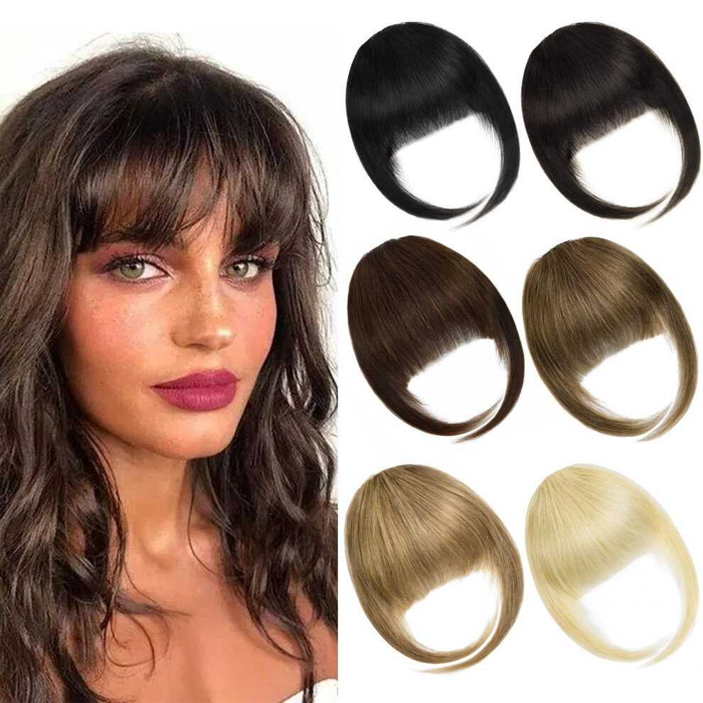 Unisex Black Natural Human Hair Clip In Bangs With Temples, Full French Fringe, Seamless Blend